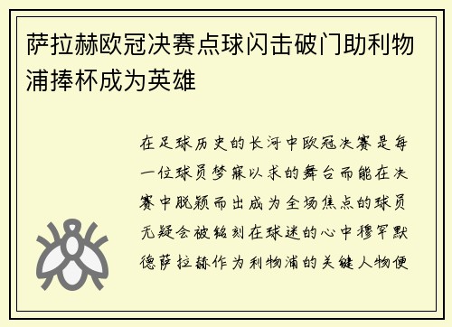 萨拉赫欧冠决赛点球闪击破门助利物浦捧杯成为英雄